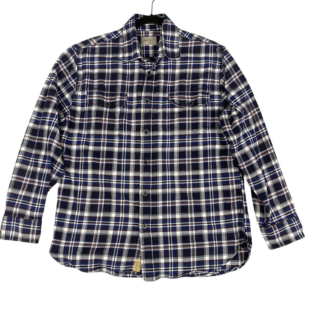 JACHS NY Plaid‎ Flannel Long Sleeve Button Down Shirt Mens L Navy Blue White Red